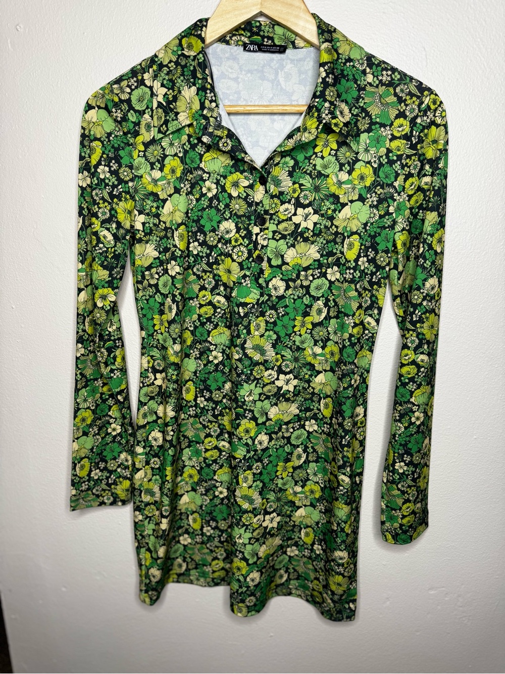 Size Small Zara Green Floral Long Sleeve Collared Dress 70s inspired